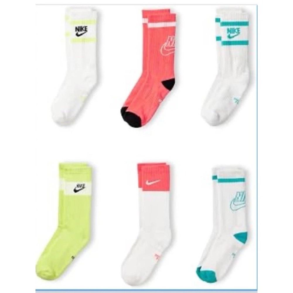 Nike Everyday Dri-FIT Crew Socks Neon Swoosh 6 Pairs Size Small-youth 3-5y